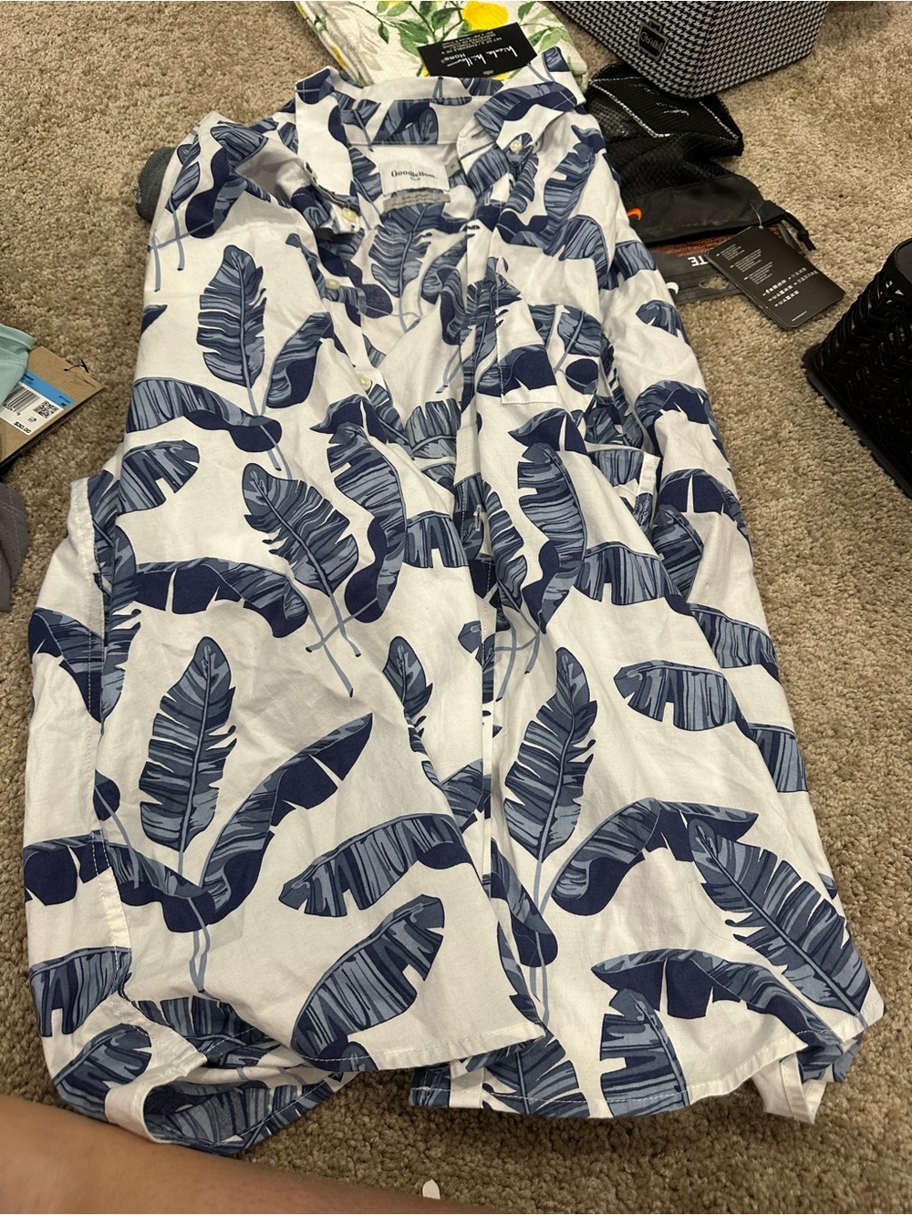 Goodfellow & Co White and Blue Tropical Leaf Button-Down Shirt